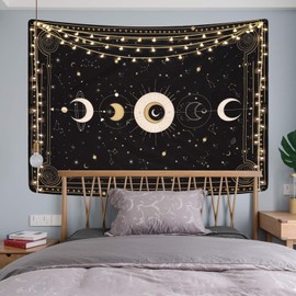Yugarlibi Moon Phases Tapestry Wall Hanging, Starry Sky Black Tarot Card Tapestry for Bedroom Aesthetic, Mysterious Astrology Tapestries Wall Art, Black 82.7x59.1in (210x150cm)
