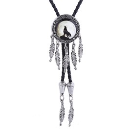 Himongoo Dreamcatcher Bolo Tie for Men Women Leather Rope Wedding Necklace Western Cowboy, Jade Turquoise Agate Dragon Elk Wolf (Wolf)