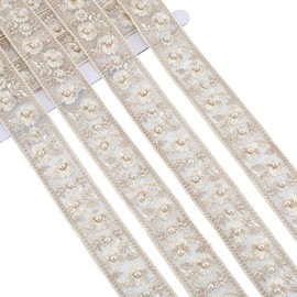 CABODYALS Gold Jacquard Ribbon Yellow Flower Lace Trim Embroidery Flowers Daisy Pearl Beaded Floral Oganza Sheer Applique Trims for Sewing Making Clothing Wedding Dress Bags Bouquet DIY Craft Supply