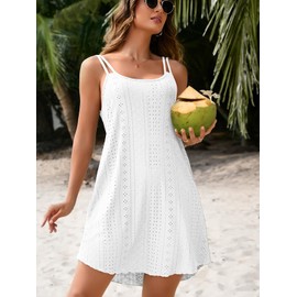 ATTRACO Beach Dresses for Women Beach Cover up Tank Dress Casual Dress with Pockets Summer Ladies Sun Dress White M
