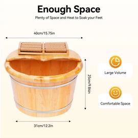 9.84In Tall Foot Basin Wooden Bucket with Lid and Massage Roller, Pedicure Barrel for Home Office, Foot Baths Wood Foot Tub Foot Bath Massage Plus Cover for Baths Relaxing, 15.75in*12.2in*9.84in