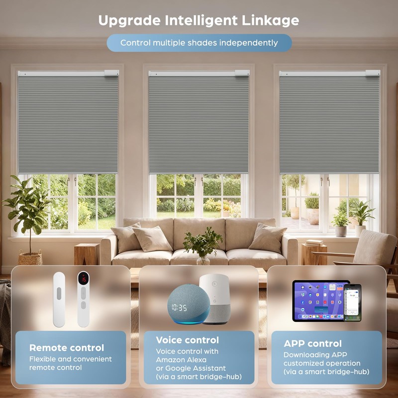 No Drill Motorized Cellular Shades with Remote, Grey 35" W