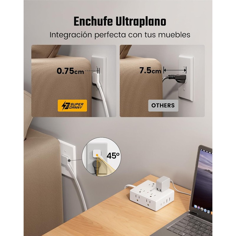 SUPERDANNY 12 En 1 Regleta Multicontacto 1,8 Metros Enchufe Plano,