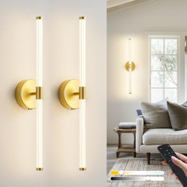 Battery Operated Wall Sconces Set of Two with Remote Control, LED Gold Wireless Wall Light, 360° Full Lighting, 350° Rotation, Dimmable, 3 Colors, Night-Light, Timer & Memory Function 23.6 Inch