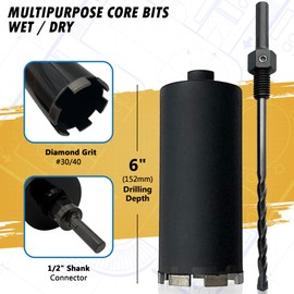 4" Dry/Wet Multipurpose Core Bit for Masonry, Concrete and Natural Stone, 6" Drilling Depth, 1/2" Shank Pilot Bit with 5/8"-11 Arbor