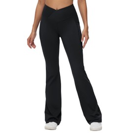 BALEAF Women's Tall Flare Leggings 34" Tummy Control Crossover High Waisted Long Bootcut Yoga Pants with Pockets Work Casual Black L