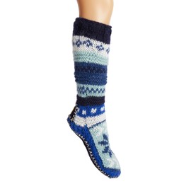 Tibetan Socks Hand Knit Wool Fleece Lined Long Slipper Socks with Non Slip Soles (Blue, XL)