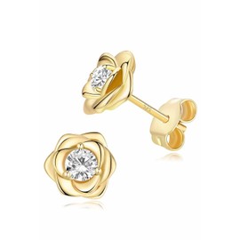 14K Gold Plated 925 Sterling Silver Post Rose Flower Stud Earrings for Women Birthstone Cubic Zirconia Studs Earrings Hypoallergenic & Nickel Free Jewelry Yellow Gold Plated Diamond