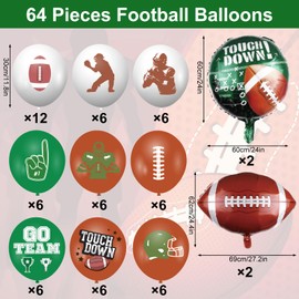 Whaline 64Pcs Football Balloons Set Sports Theme Latex Balloons with 4Pcs Football Aluminum Foil Balloons Touch Down White Green Brown Balloons for Football Party Sports Game Day Party Supplies