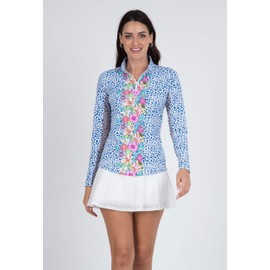 IBKUL Athleisure Wear Sun Protective UPF 50+ Icefil Cooling Carrie Print Long Sleeve Mock Neck Top – 10872 Blue Multi Carrie XS
