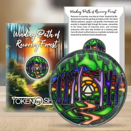 Stained Glass AA Coin, Scenic Journey Alcoholics Anonymous Addiction Recovery Sobriety Chip Medallion, Inspirational Sober Gifts for Men and Women by the Token Shop (Winding Path of Recovery Forest)