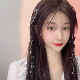 fdsmall Rhinestone Hair Barrettes,Pearl Tassel Hair Chain Hair Clips Hairpin Hair Jewelry Hair Accessories for Women Girls (Silver)