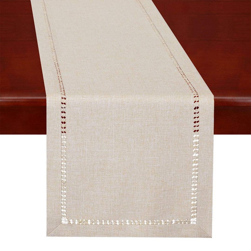 Grelucgo Handmade Hemstitched Polyester Rectangle Table Runners,Beige 14x90 inch