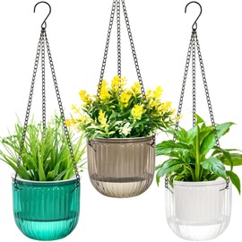 Pumtus 3 Pack Self Watering Hanging Planters, 6.5 Inch Hanging Flower Pot with Drainage Hole, Plastic Hanging Basket with 3 Hooks Chains, Plant Hanger for Indoor Outdoor Plants, Herbs (3 Colors)
