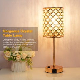 Crystal Table Lamp Touch Control Bedside Lamp with Warm White Light Bulb Desk Light USB A Type-C Charging Ports US Power Socket 3 Levels Dimmable for Living Room Bedroom Study Room Cafe Shop
