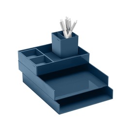 Poppin Super Stacked Desk Set - Slate Blue, Medium Accessory and Letter Tray, This + That Tray, Double Compartment Pen Cup and 6 Signature Ballpoint Pens, Complete Office Organizer Set