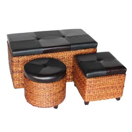 YK Decor 3set Woven Storage Ottoman Padded Ottoman Bench Storage Chest Side Ottoman Square Cube Foot Rest Stool Seat Round Stool for Hallway Living Room Bedroom (E)