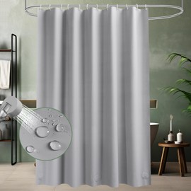 AooHome Shower Curtain, Light Grey, 180 x 200 cm, Bathroom Curtain with 12 Plastic Shower Curtain Rings, Waterproof, Anti-Mould with 3 Weight Stones for Bath, Shower, Bathroom