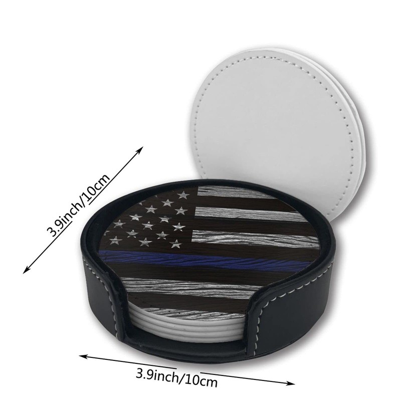 Thin Blue Line Leather Drinks Coasters with Holder Set of