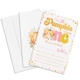 Our Little Pumpkin 1st Birthday Party Invitation - Set Of 20 Fall Pumpkin Invite Cards With Envelopes - Autumn Birthday Invitation Cards For Boys Girls - Thanksgiving Birthday Party Supplies Decor-A08