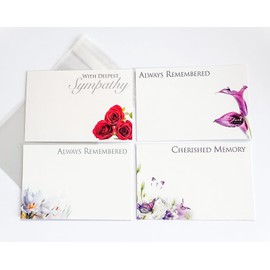 ShredAstic® PACK OF 4 assorted small Florist Funeral flower Message Cards with 4 clear cellophane self seal bags 6 x 9cm (60x90mm) Deepest Sympathy, Always Remembered, Cherished Memory