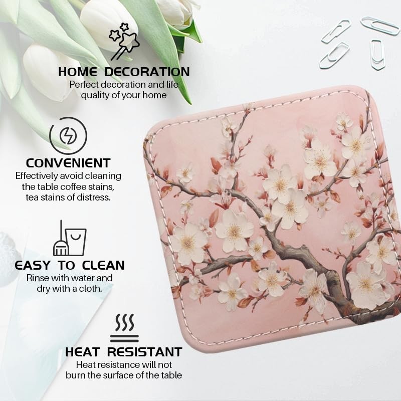 Coasters for Drinks with Holder, Pink Cherry Blossoms on Branches