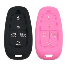 Key Fob Covers Fit for Hyundai：2021 2022 2023 5 Buttons Remote Case Protector Silicone Fit for Hyundai Tucson Palisade Sonata Santa Fe HEV PHEV Cruz Ioniq5 N line Key Shell (Black-A + Pink 2Pics)