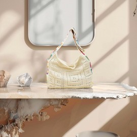 LuLobtg Women Crochet Tote Bag, Hollow Out Beach Mesh Knitted Shoulder Bag with Flower Embroidery, Aesthetic Summer Travel Shopping Woven Handbag for Holiday Festival