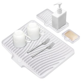 TIKNIK Silicone Dish Drying Mat for Kitchen Counter, Dish Drying Pad, Non-Slip Drain Pad with Built-in Drain, Heat Resistant Stone Drying Mat, 1 set (Ivory)