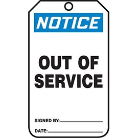 Accuform MDT801CTP PF-Cardstock Safety Tag, Legend "Notice Out of Service", 5.75" Length x 3.25" Width x 0.010" Thickness, Blue/Black on White (Pack of 25)