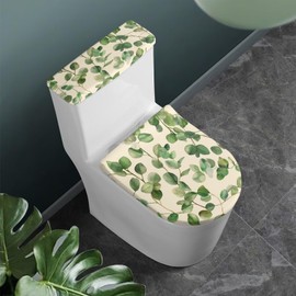 KUIFORTI Toilet Seat Cover Set - 2 Piece Green Leaves Toilet Tank Cover for Bathroom Decor - Fits Most Standard Toilet Lid - Machine Washable