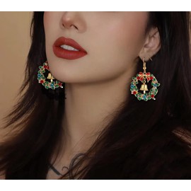 Christmas Rhinestone Wreath Bell Earrings for Women Xmas Dangle Drop Red Bow Earrings Cute Holiday Earrings Jewelry Christmas Party Gift
