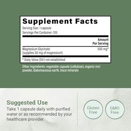 Glicinato de magnesio puro 500 mg - Suplemento de magnesio quelado, cápsulas de alta absorción para dormir, glicinato de magnesio con polvo MCT orgáni