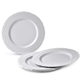 " OCCASIONS " 120 Plates Pack,(60 Guests) Extra Heavyweight Vintage Wedding Disposable /Reusable Plastic Plates 60 x11'' Dinner +60 x 8.25'' Salad/Dessert Plate (Chatesau Light Gray)