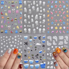 Summer Ocean Nail Stickers Starfish Seashell Sea Coconut Tree Nail Decals 6 Sheets 3D Embossed Vacation Self-Adhesive Beach Stickers Holiday Manicure Design
