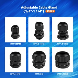 CGELE Cable Gland 55 Pcs NPT Plastic Waterproof Cable Pass Through 1/4" 3/8" 1/2" 3/4" 1" 1-1/4"Strain Relief Cord Connectors Joints Nylon with Gasket