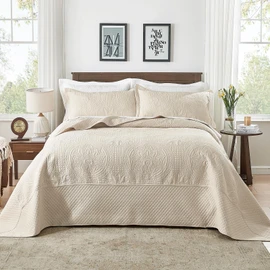 Qucover Oversized King Bedspread 132x 120, Extra Wide Alaska King Bedspread, 3 Piece Soft Microfiber Lightweight Oversized King Quilts Set, Vintage Persian Pattern, with Pillow Shams, Beige