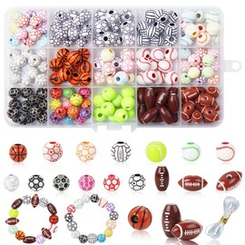Sarini 200 Pcs 15 Styles Sports Ball Beads for Jewelry Making Acrylic Baseball Beads Bracelet Making Kit for Boys Softball Beads Basketball Charms for DIY Crafts