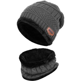 SailbSalab Winter Hat Warm Knitted Beanie Hat Neck Warmer Scarf 2 Pcs Set with Double-Layer Fleece Lining for Men Women (Grey)