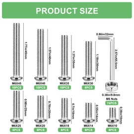 M6 Bolts and Nuts Set, 148 Pcs Hex Socket Head Cap Screws Nuts and Bolts Assorted Set, Round Head Pan Head Machine Screws Assortment Kit, Thread Fastener Hex Bolts and Nuts