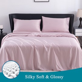 MISERRO King Silk Sheets - 100% Luxury Satin Bed Sheets Set - 4pc Cooling Sheets for King Size Bed - 16" Deep Pocket (Pink)