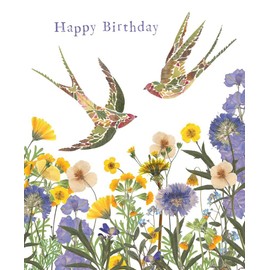 Female Birthday Card - General Card for Women/For Her- Meadow Swallows Pressed Flowers - Artistic Wildpress Design by by Helen Ahpornsiri - Made in the UK