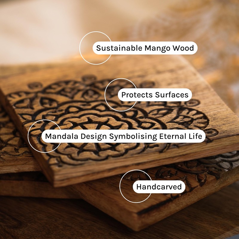 Hand Carved Mandala Coasters (set of 4)
