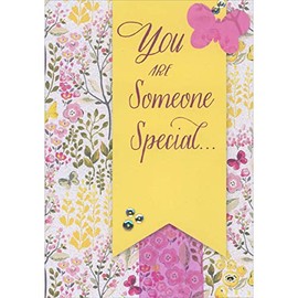 Designer Greetings Yellow 3D Die Cut Banner with Pink Butterfly and Silver Sequins Over Pink Ribbon, Sparkling Background Hand Decorated Easter Card for Someone Special