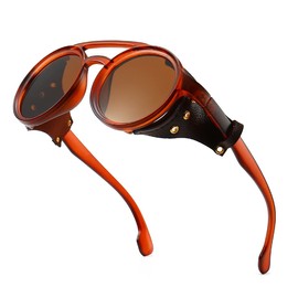 Red Round Premium Steampunk Sunglasses For Men With Leather Side, UV400 Protection HD Punk Sungalss, Brown, middle