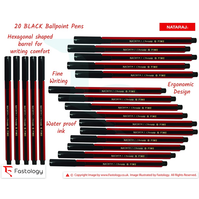NATARAJ 20 x 0.7mm Fine Tipped Classic BLACK Ballpoint Pens