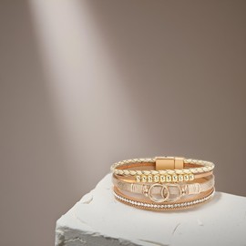 CHELYQST Leather Wrap Bracelets for Women,Boho Bracelet Multi-Layer Bangle Western Jewelry,B01 Double Circle(Khaki)