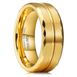 King Will Tungsten Wedding Rings for Men 8mm Gold Groove Center with Hammered Multi-Faceted Edge Men's Wedding Band Gifts for Him Size 12
