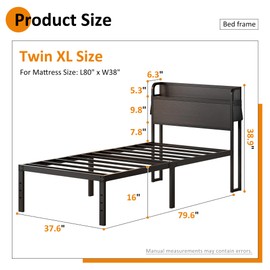 Maenizi 16 Inch Twin XL Bed Frames with Headboard, Metal Bed Frame Twin XL Storage Wood Headboard No Box Spring Needed, Noise Free, Black