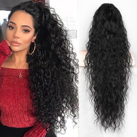 QGZ Claw Clip Ponytail Extension 30 inch Claw Clip in Ponytail Extensions for Women Long Wavy Curly Fluffy Pony Tails Hair Extensions Synthetic Hairpieces for Daily Party Use(Black)
